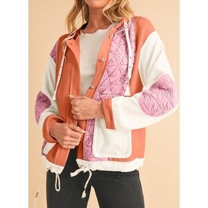 NWOT| POL Mixed Fabric Hooded Button Down 'Shacket' In Coral/Orange| Size Large